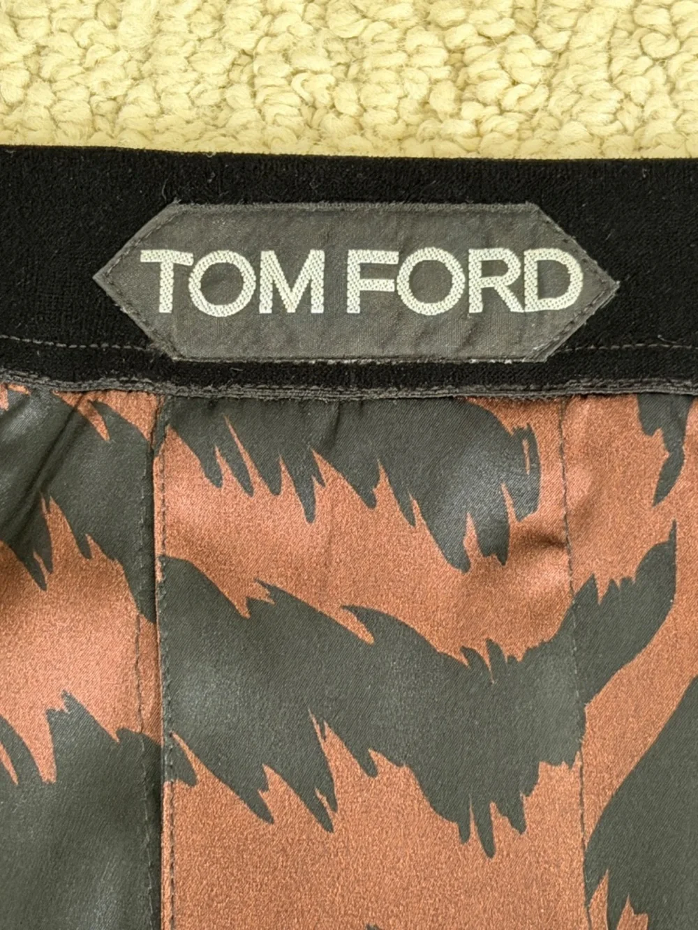 Tom Ford Brown Black Zebra Stretch Silk Logo Velvet Waistband Boxer Shorts